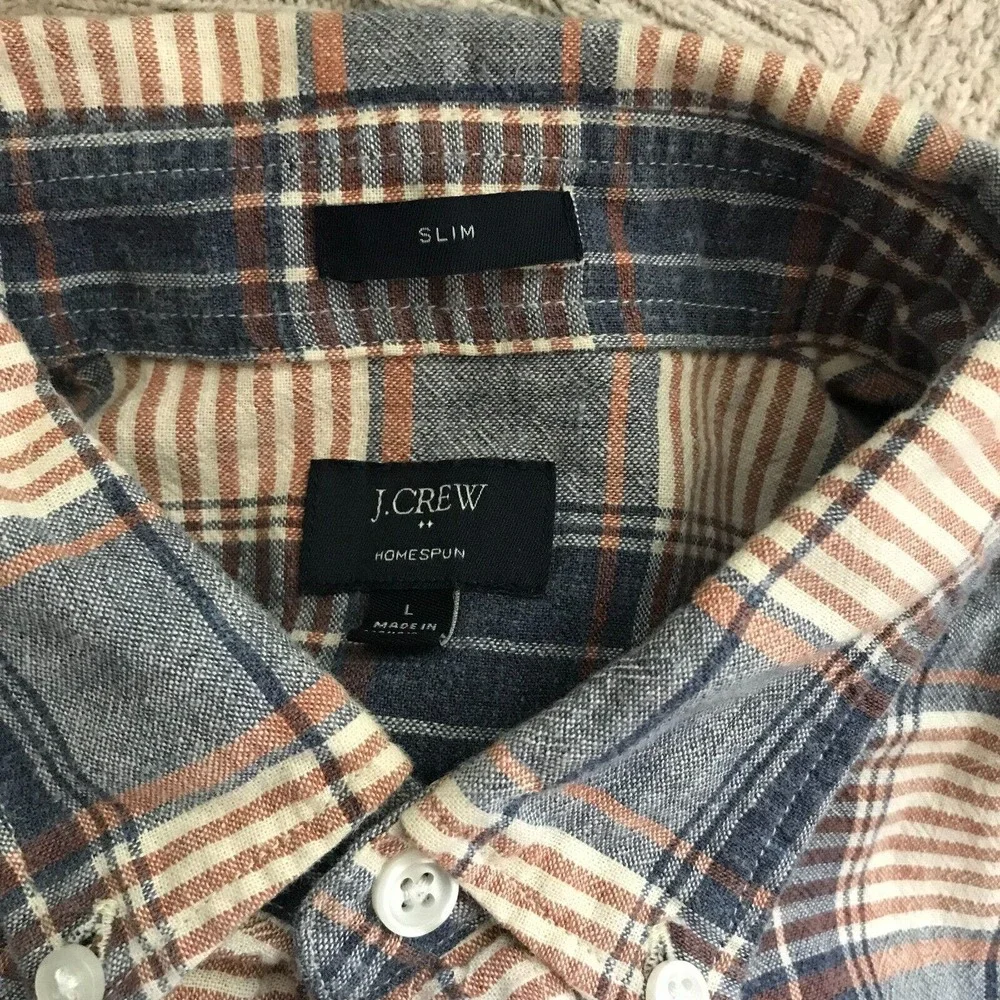 J. Crew‎ Shirt Mens Sz L Homespun Cotton Slim Fit Button Down Blue Plaid